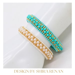 May include: Two beaded bracelets. One is turquoise with gold beads, the other is white with gold and pearl beads. The bracelets are displayed on a white surface. Text reads "GOLDEN WAVES" and "DESIGN BY SHIRA RENAN."