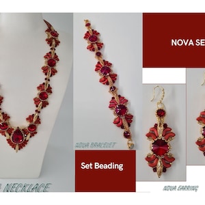 May include: A red and gold beaded jewelry set with a necklace, bracelet, and earrings. The set is called "Nova Set" and features a floral design.