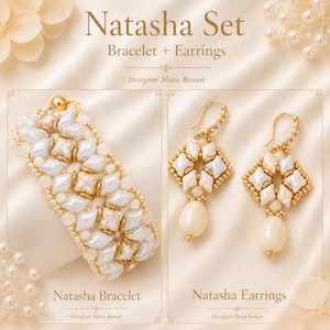 May include: The Natasha Set includes a bracelet and a pair of earrings designed by Shira Renan. The jewelry features white and cream-colored beads, diamond-shaped components, and teardrop-shaped pearls, all accented with small gold-toned beads.
