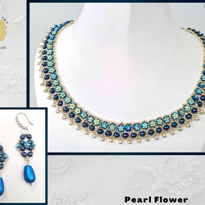May include: A blue and green beaded necklace with a pearl flower design. The necklace is made with small, round beads and has a delicate, feminine look. The necklace is called "Pearl Flower" and is available in the color "Dark Blue".