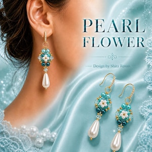 Peut inclure: Boucles d'oreilles pendantes avec un motif de fleur blanche centrale entouré de perles bleu sarcelle et turquoise, agrémentées de cristaux clairs et d'une perle goutte blanche. Les crochets dorés sont ornés de petites pierres. Texte : PEARL FLOWER.