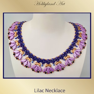 May include: A lilac necklace made with purple, gold, and light purple beads. The necklace is on a white background.