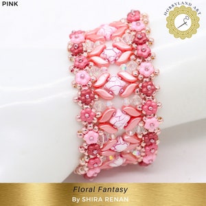 May include: A pink and rose gold beaded bracelet with a floral design. The bracelet is made with small, round beads and features a repeating pattern of flowers and leaves. The bracelet is called "Floral Fantasy" by SHIRA RENAN.