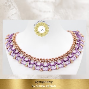 May include: A purple and brown beaded necklace with a layered design. The necklace is called "Symphony" by SHIRA RENAN.