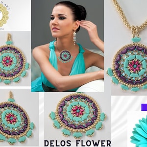 May include: A turquoise and purple beaded necklace with a large, round pendant featuring a floral design. The pendant is surrounded by smaller beads in a similar colour scheme. The necklace is displayed on a model wearing a turquoise dress.