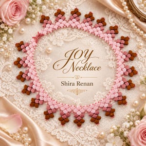 May include: A circular beaded necklace featuring a gradient of light pink, mauve, and dark brown beads arranged in a scalloped pattern. The center text reads JOY Necklace Shira Renan. The design consists of small, uniform, interlocking beads.