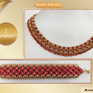 May include: A red and gold beaded necklace and bracelet set. The necklace and bracelet are made with small, round beads in a repeating pattern. The set includes two tutorials.