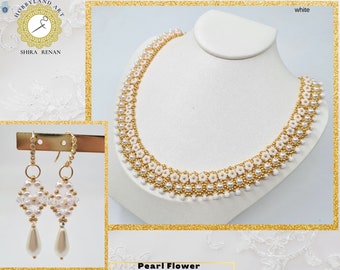 Kit & Tutorial "Pearl flower necklace and earrings " Seed bead,Pearl bead,Flower bead ,crystal bead- Beading Pattern-Tutorial PDF-hobbyland