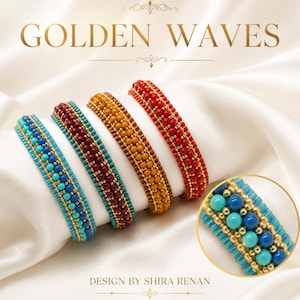 May include: Four beaded bracelets in shades of blue, burgundy, gold, and red, displayed on white fabric. The bracelets feature a variety of bead sizes and colors, with gold accents. The text "GOLDEN WAVES" is at the top, and "DESIGN BY SHIRA RENAN" is at the bottom.
