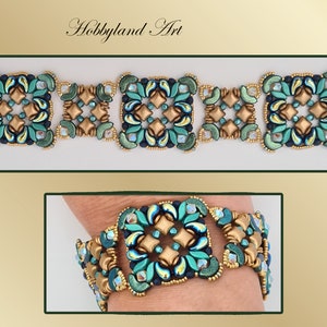 May include: A gold, green and blue beaded bracelet with a square design. The bracelet is made with small, intricate beads and has a delicate, elegant look. The text "Hobbyland Art" is visible in the image.