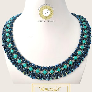 May include: A turquoise and blue beaded necklace with a gold accent. The necklace is called "Amanda".