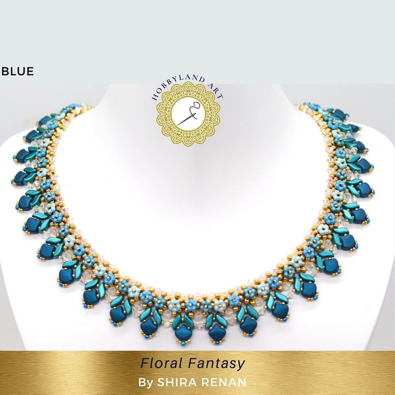 May include: A blue and gold beaded necklace with a floral design. The necklace is called "Floral Fantasy" and is by Shira Renan.