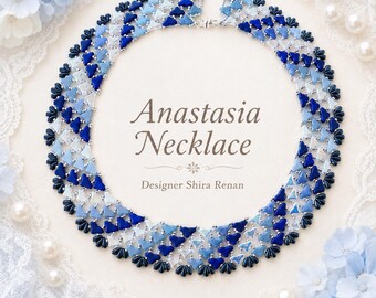 May include: A circular beaded necklace featuring a gradient of blue and white triangular beads arranged in a lattice pattern. The text in the center reads Anastasia Necklace, Designer Shira Renan. The piece is constructed with small metallic beads.