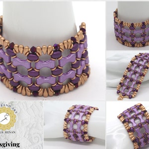Könnte beinhalten: Ein violettes und goldenes Armband mit gewebtem Muster. Das Armband besteht aus kleinen, runden Perlen und hat ein zartes, filigranes Muster.
