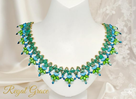 Regal Grace Beaded Necklace Pattern-Beading Tutorial PDF-Seed Bead - Ginko- GemDuo -SuperDuo Necklace Instructions-Designed by Shira Renan