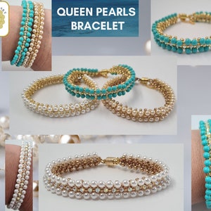 May include: A close-up of several bracelets made with white pearls, gold beads, and turquoise beads. The bracelets are shown on a person's wrist and on a white surface. The text "QUEEN PEARLS BRACELET" is displayed in the image.