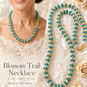 Può includere: Una collana di perline turchesi e dorate con il testo "Blossom Trail Necklace" e "Design by Shira Renan". La collana è esposta su uno sfondo di pizzo bianco e indossata da una persona.