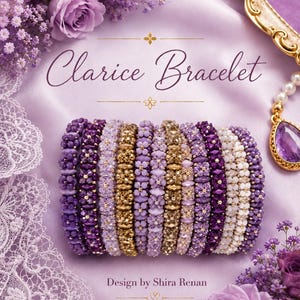 May include: A collection of beaded bracelets in shades of purple, lavender, and gold, arranged on a satin surface. The bracelets feature intricate floral and geometric patterns. The image includes the text "Clarice Bracelet" and "Design by Shira Renan".