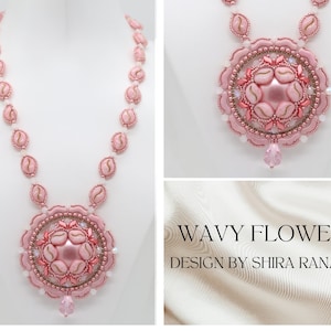 May include: A pink beaded necklace with a large pink flower pendant. The pendant has a wavy design and is surrounded by smaller pink beads. The necklace is called "Wavy Flower" and is designed by Shira Ranan.