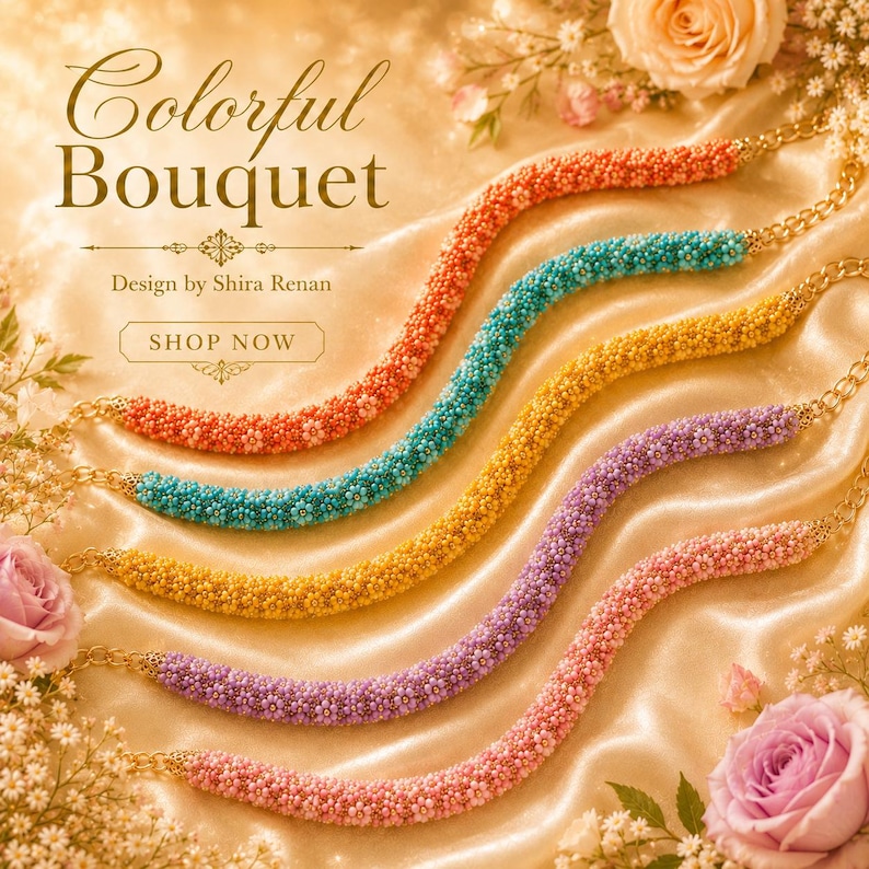 May include: An image showcases five beaded necklaces in vibrant colors: orange, teal, yellow, purple, and pink. Each necklace has a gold chain and is arranged on a satin surface. The text "Colorful Bouquet" is displayed at the top.