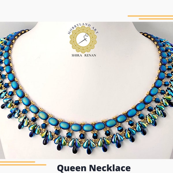 Beading tutorial,"Queen Necklace ", 2 hole ,samos bead puca ,seed beads,dropDuo,crystal bead .PDF Tutorial