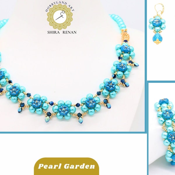 3 FILE PDF-set beading tutorial-Pearl Garden necklace,earrings,bracelet-Seed bead,Pearl ,gekko ,Vintage Rondelle Bead-Beading Pattern