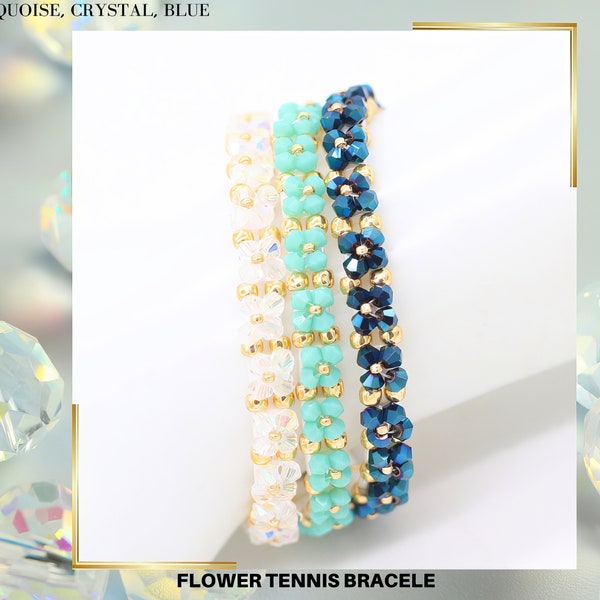 Flower tennis  bracelet-Beading tutorial-Seed bead,Pearl or bicone bead,tila beads -Beading Pattern Tutorial PDF