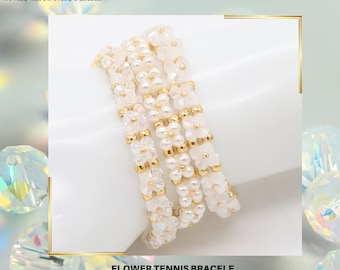 Three-for-One Deal Amazing Price on 3 Bracelets!-Kit & Tutorial -Flower tennis  - Seed bead,pearl bead,tila- Beading Pattern-Tutorial PDF