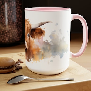 Watercolor highland cow coffee mug, Animal and Farm Lover, Gift For Him or Her, Mothers day gift, Nature-Inspired,Two-Tone Coffee Mugs, 15oz