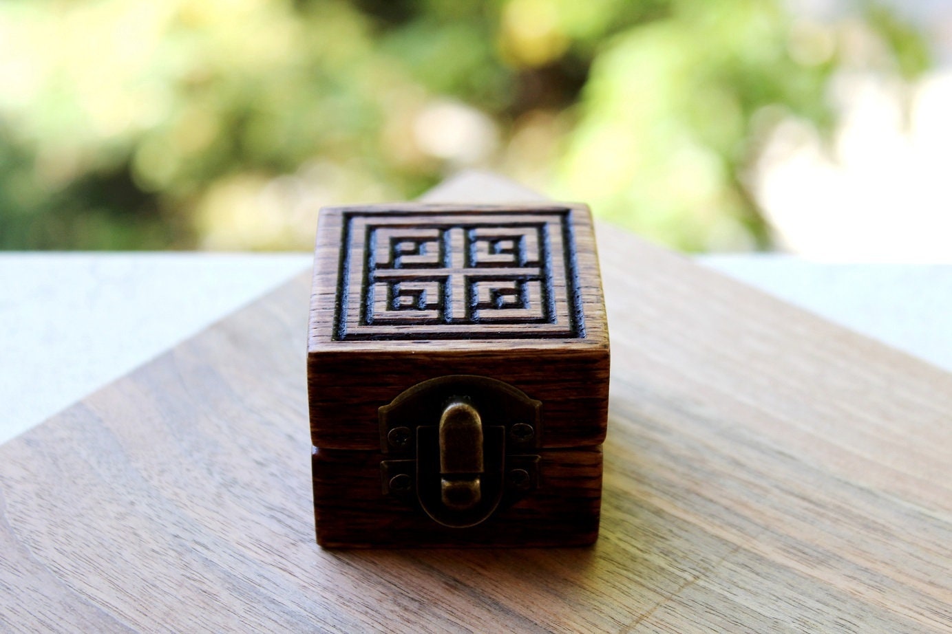 Personalized Ring Box Rustic Wood Wedding Box Greek Key Ring Etsy
