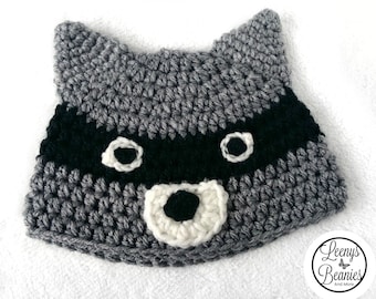 Crochet Raccoon Hat Beanie - Any size Newborn to Adult