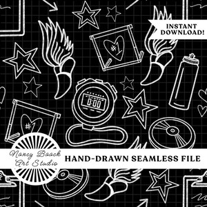 May include: Black and white hand-drawn seamless file with sports-themed elements. Includes stars, stopwatches, torches, water bottles, and banners with hearts. The text "INSTANT DOWNLOAD!" is visible.