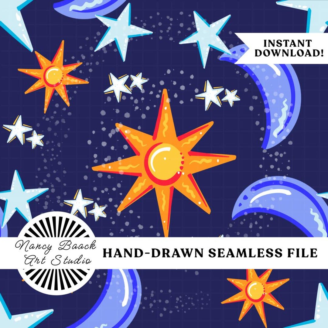 Celestial Sun Moon Stars Seamless Pattern (hand-drawn Digital Download ...