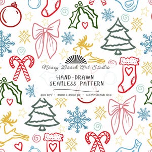 May include: A seamless pattern featuring hand-drawn Christmas icons including red stockings, green holly, blue snowflakes, gold reindeer, pink bows, and dark green pine trees on a white background with text Nancy Baack Art Studio.