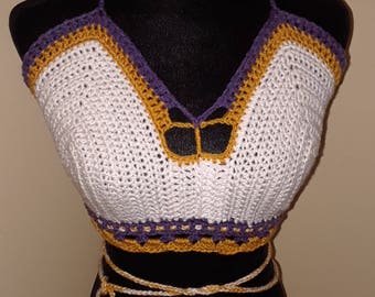 White Halter Top With Purple And Gold Trim/ Lovely Wear For The Beach And Cruises/ Acrylic Yarn/ Size: Medium - Large/ Long Sash At Waist