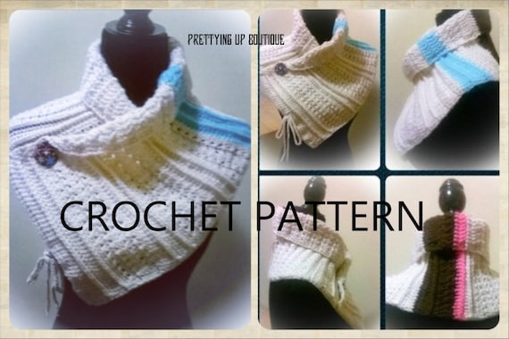 Beautiful, Crochet Neck Warmer Pattern/Made Of 4 Colors And A Decorative Button/Lacing String Along Sides