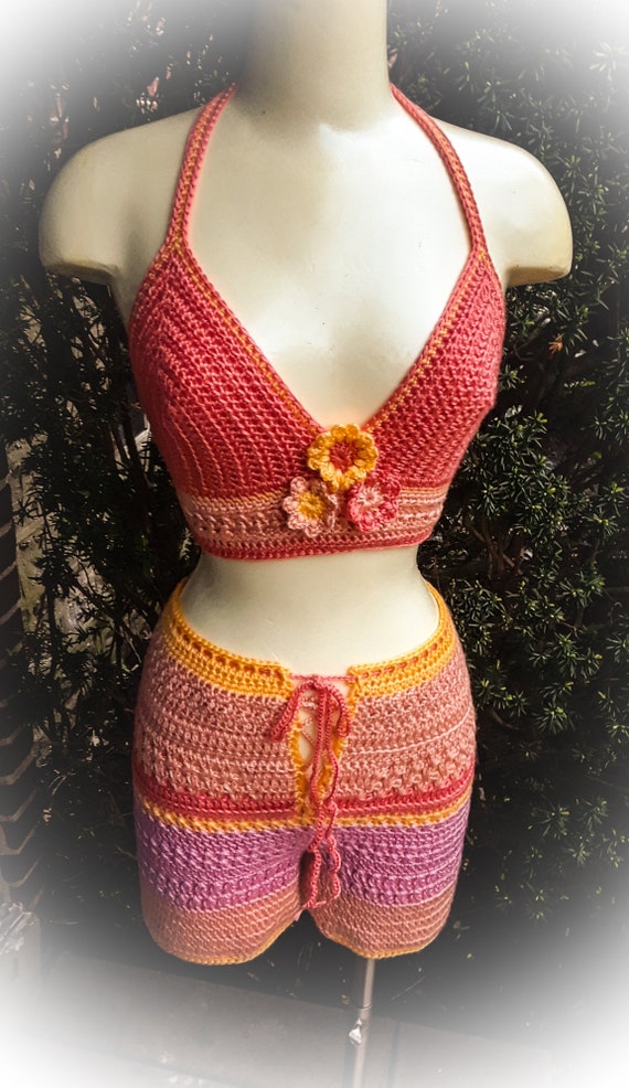 Beach Shorts & Matching Crop Top | Bright Colors- Orange, Yellow, Pink And Peach | Soft Acrylic Yarn | Lace Up Front Shorts |