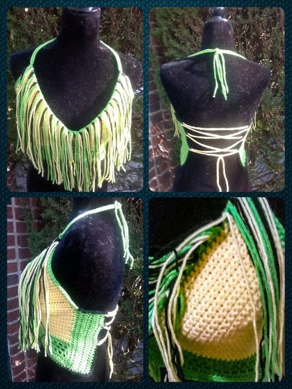 Fringe Top Halter/Great For The Beach, A Cruise, Festival, Or Carnival/Jamaican Colors/Lace Up Back/Size Small-Medium