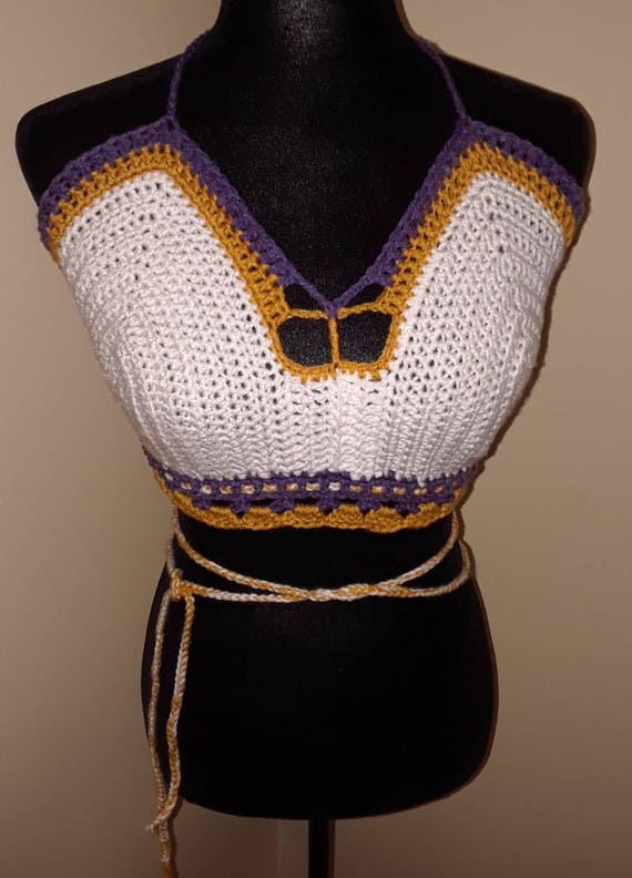 White Halter Top With Purple And Gold Trim/ Lovely Wear For The Beach And Cruises/ Acrylic Yarn/ Size: Medium - Large/ Long Sash At Waist