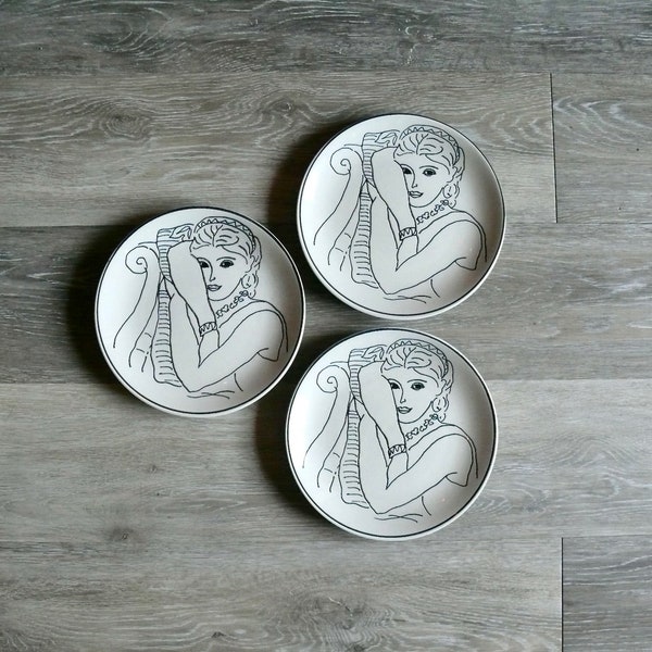 3 Sango Francesca Portrait Luncheon Plates, Vintage 7" Woman Silhouette Stoneware Dessert Plates Made in Italy, 80s Art Deco Serving