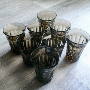 Noritake Perspective Tumblers, Set of Eight 10oz Brown Highball Glasses, Vintage 70s Barware