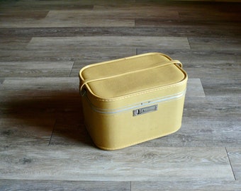 Retro Yellow Train Case Makeup Storage, Golden Yellow Overnight Travel Carry Case Sewing Box, Mid Century Luggage Decor, Upcycle Project