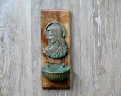Vintage Brass Mother Mary Holy Water Font on Wood, Weathered Patina Brass Wall Pocket Planter, Garden Wall Decor