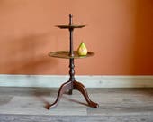 2 Tier Brass Wood Dumbwaiter, Tall Centerpiece Dessert Serving Tray, Plant Stand Accent Side Table, Rustic Wedding Display