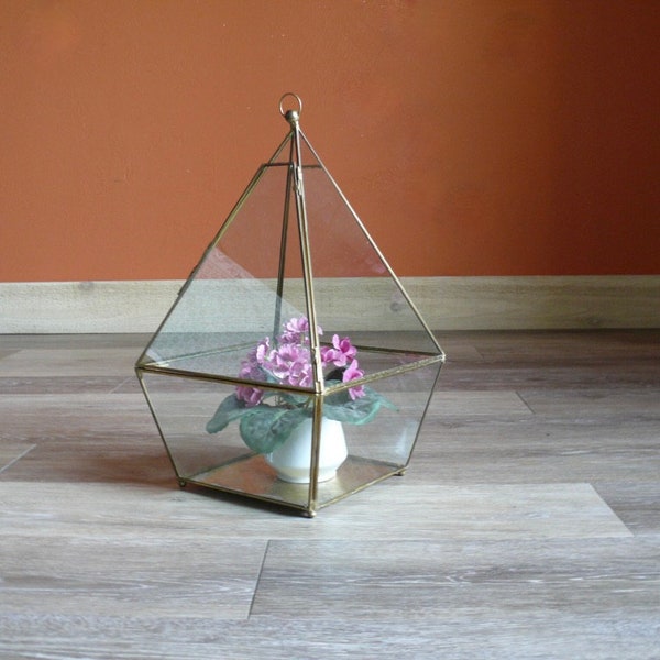 Geometric Pyramid Glass Brass Terrarium Box with Hinged Panel, Large 14" Hanging Glass Display Box, Paneled Glass Moss Garden Planter