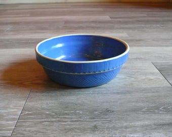Roseville Venetian Cobalt Blue Pottery Mixing Bowl, Vintage Yellow Ware Stoneware, Picket Fence Pattern