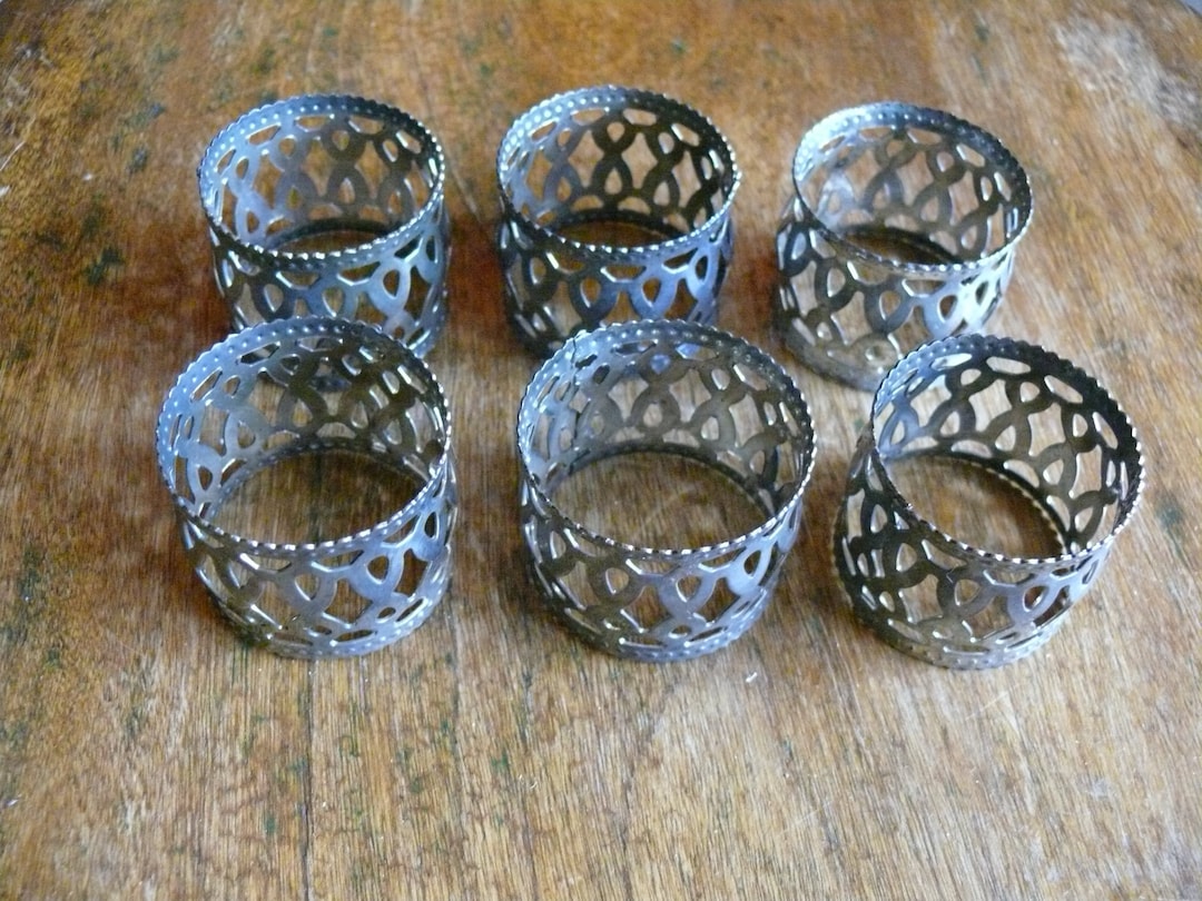 6 Silver Metal Napkin Rings With Geometric Filigree Design, Vintage Cut ...