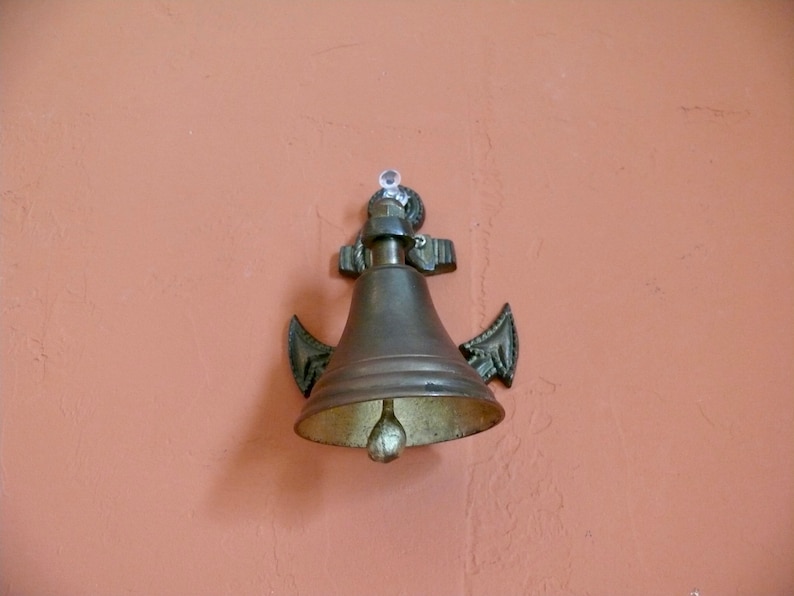Weathered Brass Wall Mount Front Porch Nautical Bell Small Brass Ships Anchor Bell Vintage Ship Boat Nautical Office Home Decor
