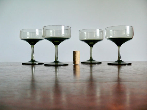 4 Smoke Gray Crystal Champagne Coupes, Danish Modern Square Bowl