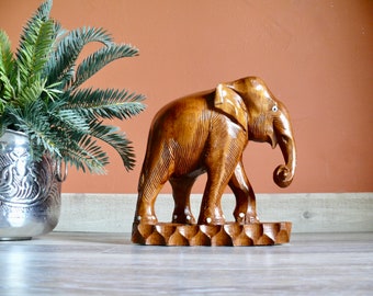 Large Carved Teak Wood Elephant Statue, Vintage 12" Solid Wood Good Luck Elephant Sculpture, Boho Elephant Animal Nursery Front Porch Decor